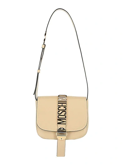 Shop Moschino Leather Logo Shoulder Bag In Beige