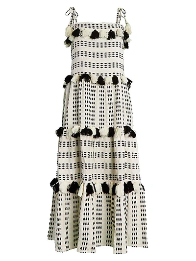 Shop Tessora Lola Tassel-trim Embroidered Cotton Dress In Black Ivory