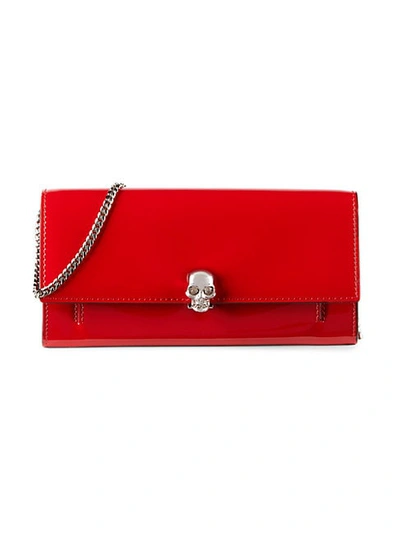 Shop Alexander Mcqueen Skull Patent Leather Wallet-on-chain In Crimson