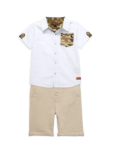 Shop 7 For All Mankind Little Boy's 2-piece Camo-accent Cotton Shirt & Pants Set In White