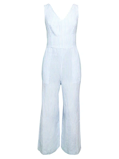 Shop Saks Fifth Avenue Women's Stripe Tie V-neck Linen Jumpsuit In Light Blue
