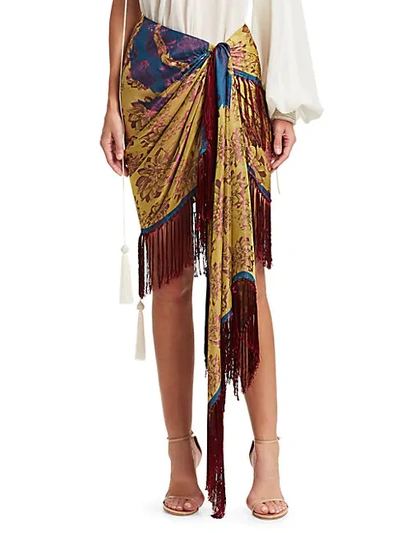 Shop Oscar De La Renta Silk Fringed Floral Wrap Skirt In Multi