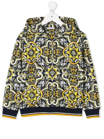 Shop Dolce & Gabbana Maiolica Print Full-zipped Hoodie In Blue