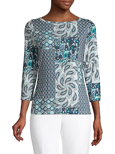 Shop Elie Tahari Women's Jolie Paisely & Floral Three-quarter Sleeve Top In Blue Print