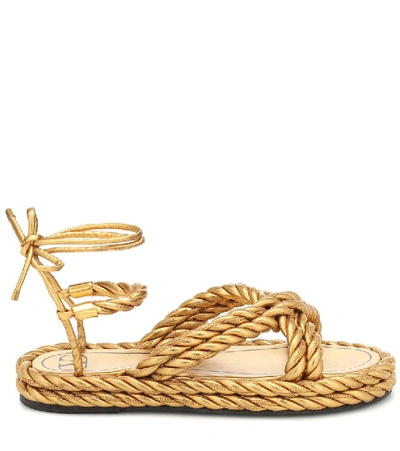 Shop Valentino The Rope Leather Sandals In Gold