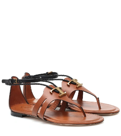 Shop Tod's T Leather Thong Sandals In Brown