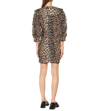 Shop Ganni Leopard-print Cotton-poplin Dress In Beige