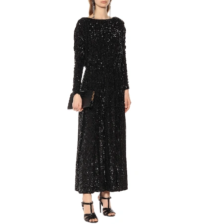 Shop Saint Laurent Sequined Jersey Midi Dress In Black