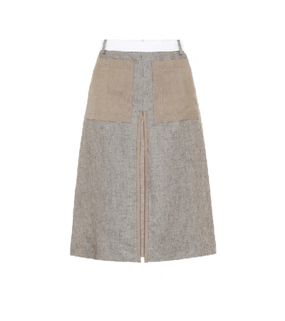 Shop Burberry Linen Midi Skirt In Grey