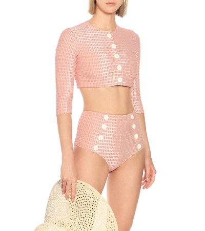Shop Lisa Marie Fernandez Cropped Jacquard Cardigan In Pink