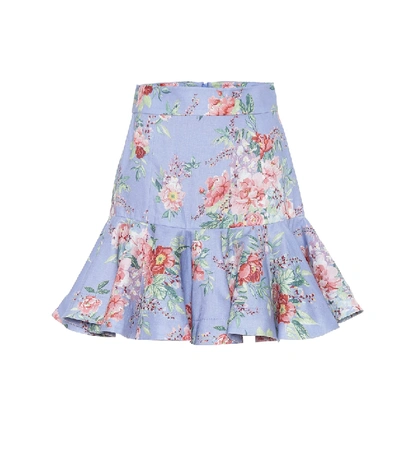 Shop Zimmermann Bellitude Floral Linen Miniskirt In Blue
