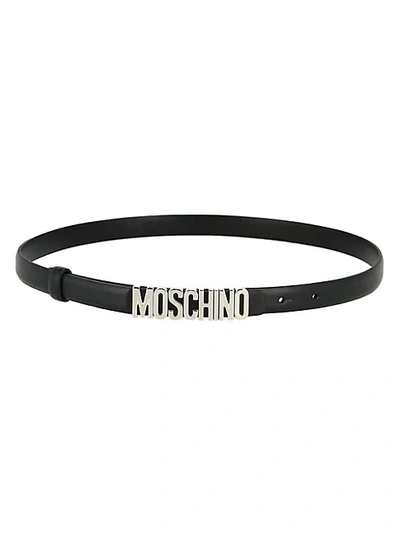 Shop Moschino Women's Slim Logo Leather Belt In Black