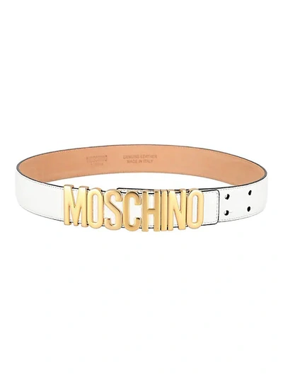 Shop Moschino Women's Leather Logo Belt In White