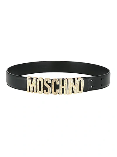 Shop Moschino Women's Embellished Logo Leather Belt In Black