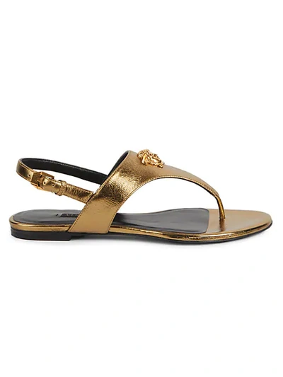 Shop Versace Medusa Metallic Leather Flat Sandals In Gold