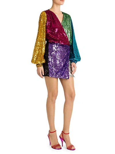 Shop Attico Colorblock Sequin Mini Wrap Dress In Multi