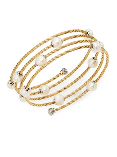 Shop Alor Classique 1.6mm White Round Freshwater Pearl, 18k Yellow Gold & Stainless Steel Bracelet