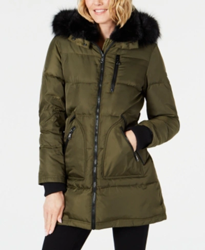 Shop Vince Camuto Faux-fur-trim Down Puffer Coat In Olive