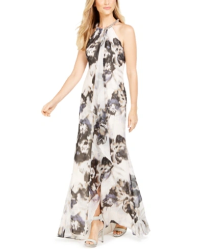 Shop Calvin Klein Floral Draped Halter Gown In Blossom/gray Floral