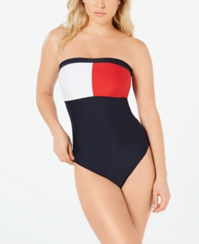 Shop Tommy Hilfiger Colorblocked Strapless One-piece Swimsuit Women's Swimsuit In Sky Captain