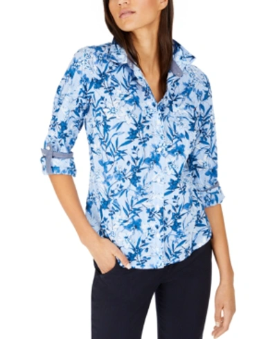 Shop Tommy Hilfiger Cotton Floral-print Shirt In French Blue Multi