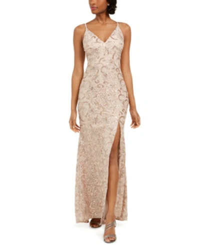 Shop Vince Camuto Embroidered Lace Gown In Blush/beige