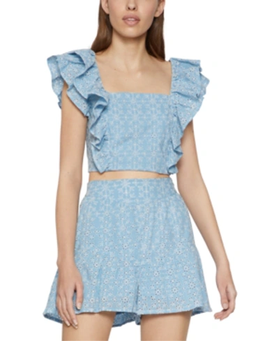 Shop Bcbgeneration Cotton Ruffled Eyelet Crop Top In Cerulean