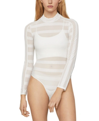 Shop Bcbgmaxazria Striped Sheer Mock-neck Bodysuit In Optic White