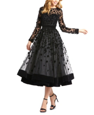 Shop Mac Duggal Floral-embellished Fit & Flare Midi Dress In Black