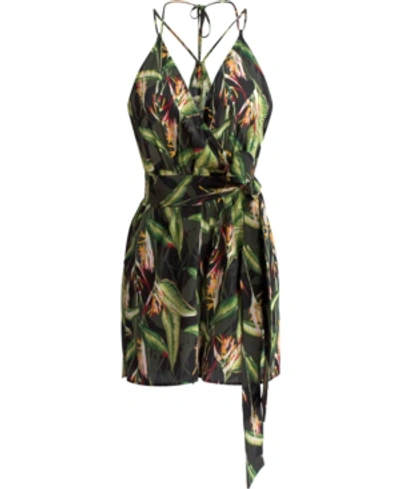 Shop Bcbgmaxazria Printed Surplice Romper In Black-bird Of Para