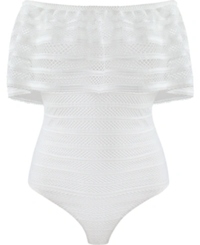 Shop Bcbgmaxazria Ruffled Striped-lace Bodysuit In Optic White