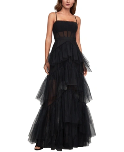 Shop Bcbgmaxazria Embellished Tulle Gown In Black