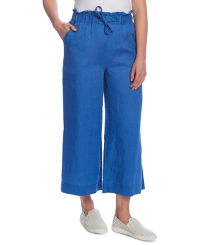 Shop Vince Camuto Linen Wide-leg Side-slit Pants In Dusk Blue