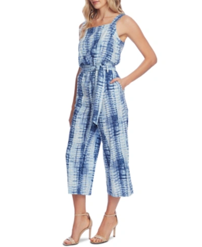 Shop Vince Camuto Belted Linear Shibori Printed Jumpsuit In Blue Cloud