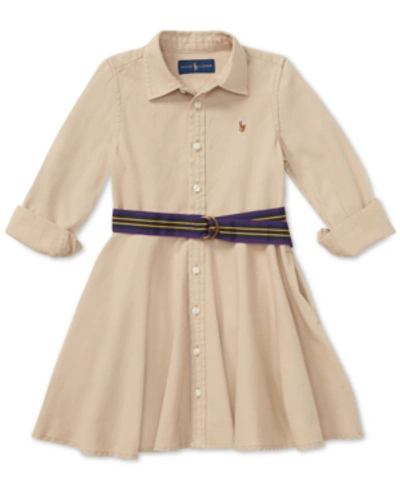 Shop Polo Ralph Lauren Toddler And Little Girls Belted Chino Cotton Shirtdress In Classic Khaki