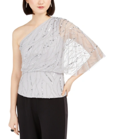 Shop Adrianna Papell Petite Beaded One-shoulder Blouse In Bridal Silver