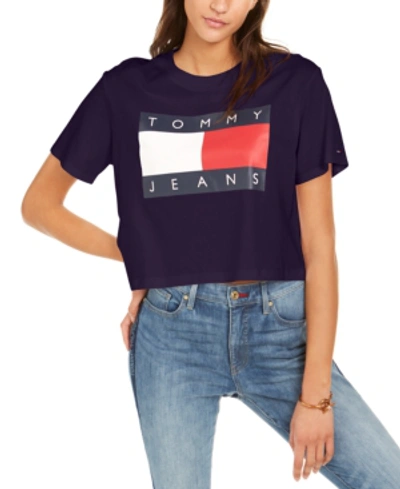 Shop Tommy Jeans Cropped Cotton Flag Logo T-shirt In Sky Captain