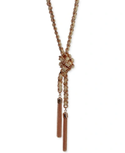 Shop Guess Silver-tone Woven Blue Twisted Tassel Lariat Necklace In Rose Gold
