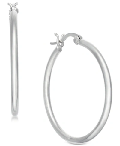 Shop Essentials Medium Plated Polished Tube Medium Hoop Earrings In Silver