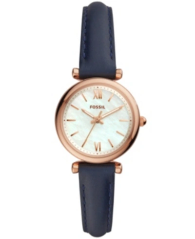 Shop Fossil Women's Mini Carlie Navy Leather Strap Watch 28mm In Navy/mother Of Pearl