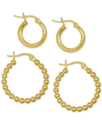 Shop Essentials 2-pc. Set Polished Small Hoop & Beaded Hoop Earrings In Gold-plate Or Silver Plate