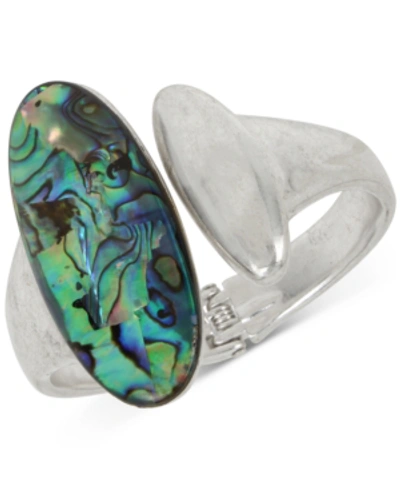 Shop Robert Lee Morris Soho Silver-tone Oval Stone Sculptural Bangle Bracelet In Abalone