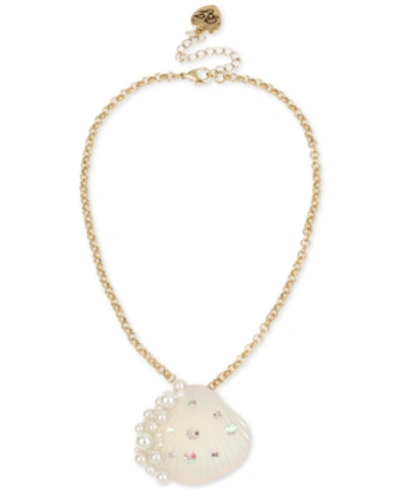 Shop Betsey Johnson Gold-tone Pave & Imitation Pearl Seashell Pendant Necklace, 16" + 3" Extender In Natural