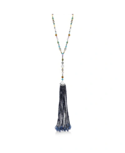 Shop Catherine Malandrino Women's Blue Beaded Tassel Long Necklace In Silver-tone