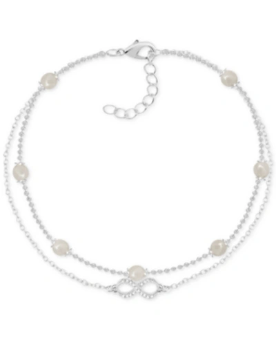 Shop Essentials Imitation Pearl & Crystal Infinity Double Row Ankle Bracelet In Silver-plate
