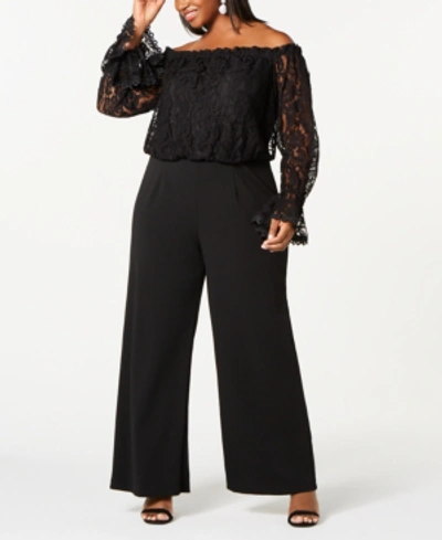 Shop Adrianna Papell Plus Size Off-the-shoulder Lace Jumpsuit In Black