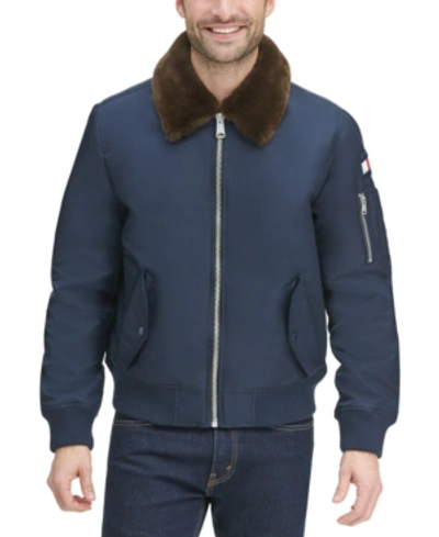 Shop Tommy Hilfiger Men's Big & Tall Flight Bomber Jacket With Detachable Faux Fur Collar, Created For Macy's In Navy