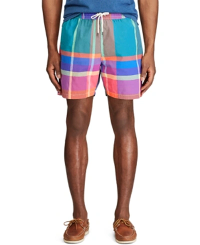 Shop Polo Ralph Lauren Men's 5.75" Inch Plaid Traveler Swim Trunks In Oversized Preppy Multi