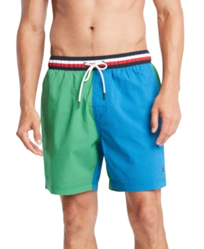 Shop Tommy Hilfiger Men's Colorblocked Seersucker Stripe 6-1/2" Swim Trunks In Brilliant Blue