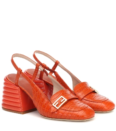 Shop Fendi Promenade Croc-effect Slingback Leather Pumps In Red